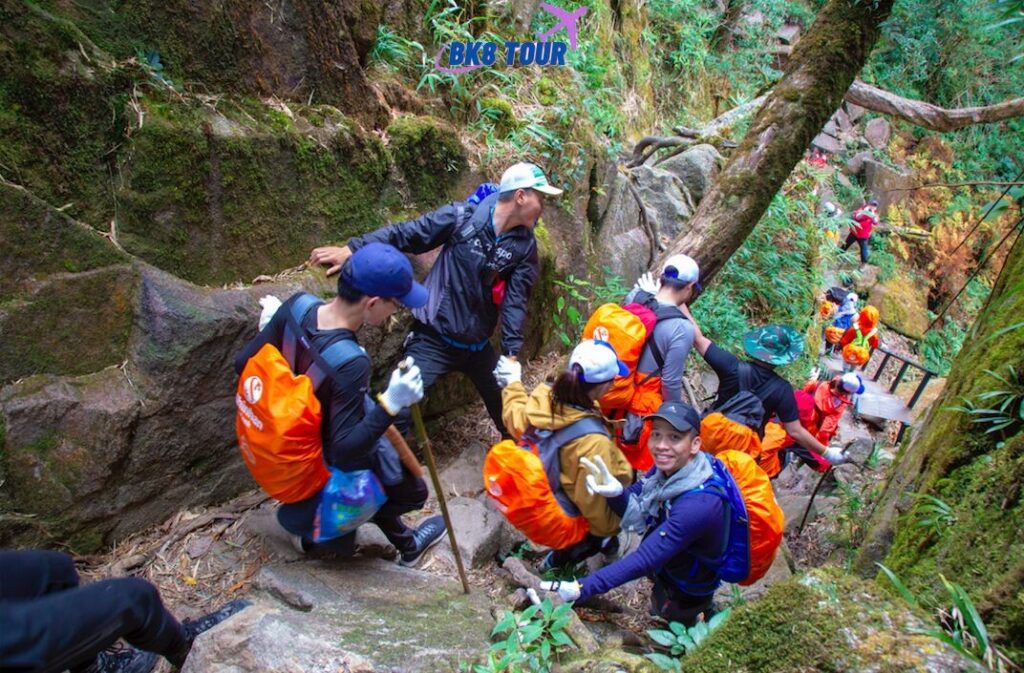 Các du khách trải nghiệm hành trình đi bộ chinh phục đỉnh núi Fansipan 